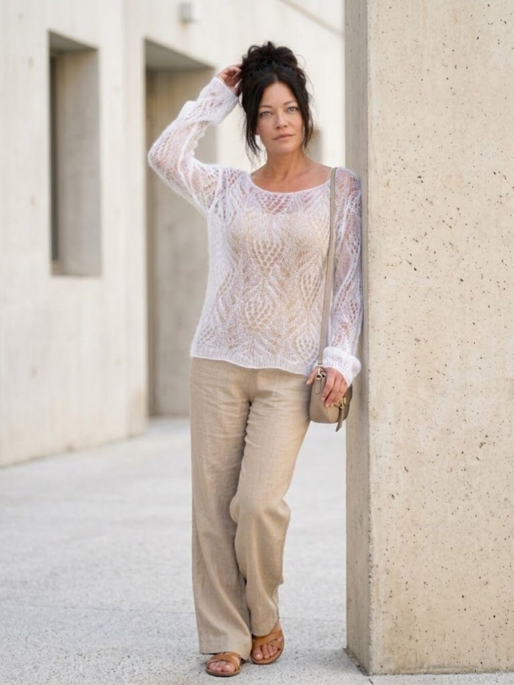 Lightweight Openwork Knit Pullover Handmade Sweater White